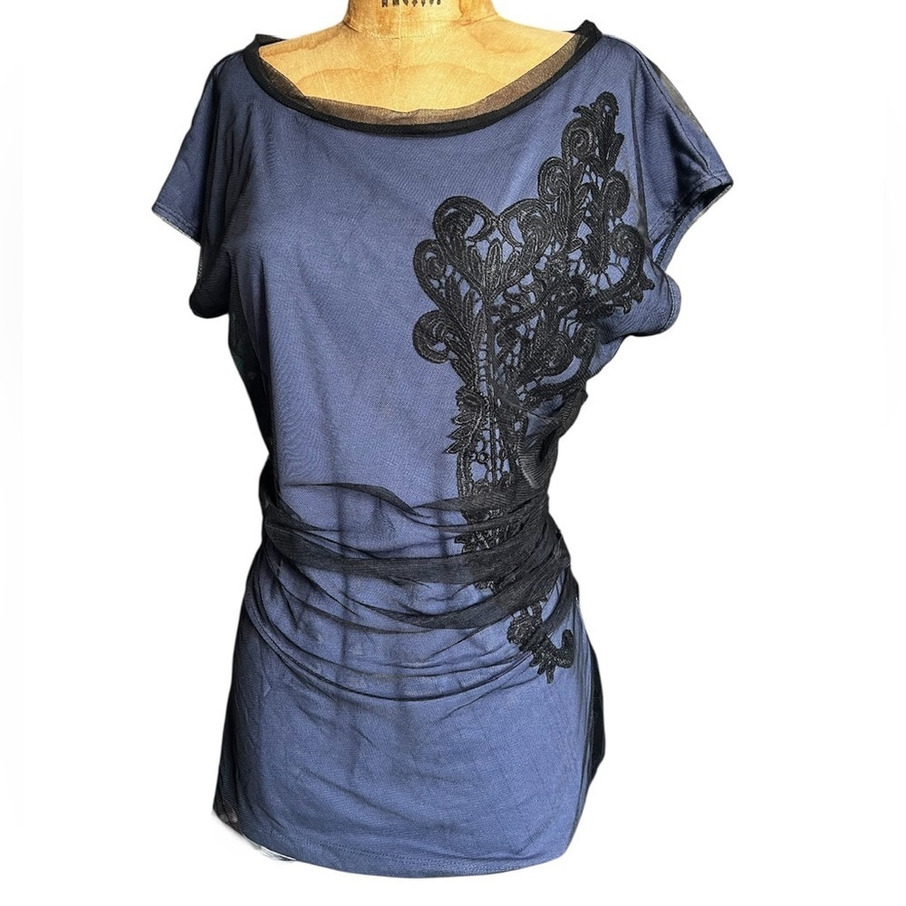 Chenault Blue Top with Black Lace Detail EUC M
